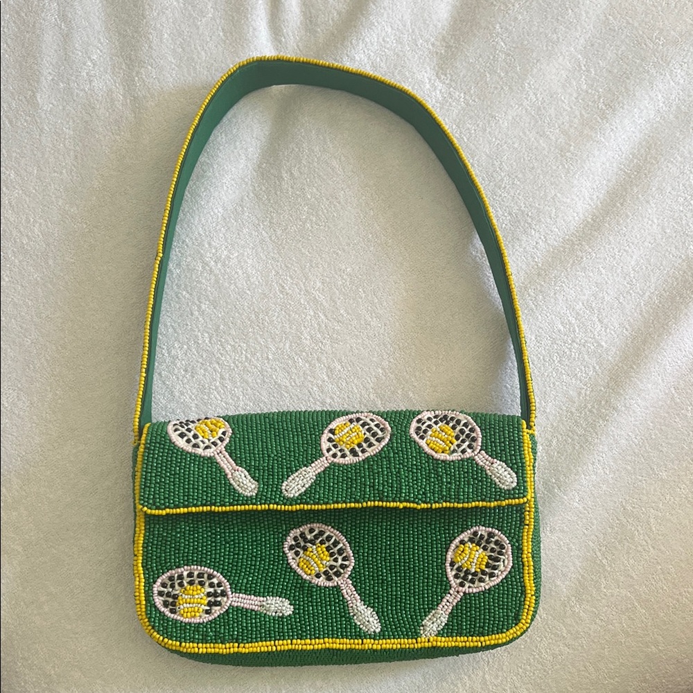 Anthropologie Fiona Green Beaded Shoulder Bag with Tennis Design EUC